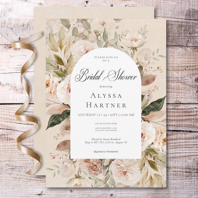 Rustic Neutralt Tan Cream Blommigt Arch-Möhippa Inbjudningar (Rustic Neutral Tan Cream Floral Arch Bridal Shower Invitation)