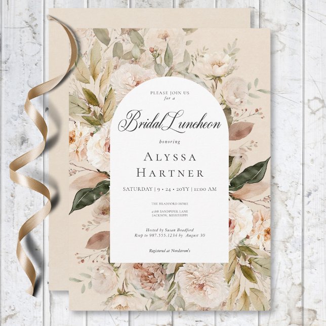 Rustic Neutralt Tan Cream Blommigt Arch Möhippa Lu Inbjudningar (Rustic Neutral Tan Cream Floral Arch Bridal Lunch Invitation)