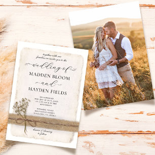 Rustic Neutralt Twine Burlap Eco Boho Photo Bröllo Inbjudningar