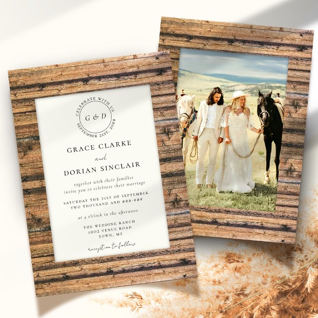 Rustic Neutralt Wood Ram Ivory Boho Photo Bröllop Inbjudningar (Skapare uppladdad)
