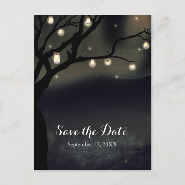 Rustic Night Tree & Mason Jar-ljus Save the Date Meddelande Vykort (Framsida)