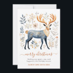 Rustic Nordic Reindeer Jul Foliage Julkort<br><div class="desc">Rustic Nordic Scandi stil-julkort,  med dekorerade renar omgivna av blad i blått och rost nyans. God jul i skripttypografi. Lägg till din egen vers och namn. Finns i utskrift,  som en digital nedladdning,  eller både och!</div>