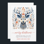Rustic Nordic Reindeer Jul Foliage Julkort<br><div class="desc">Rustic Nordic Scandi stil-julkort,  med dekorerade renar omgivna av blad i blått och rost nyans. God jul i skripttypografi. Lägg till din egen vers och namn. Finns i utskrift,  som en digital nedladdning,  eller både och!</div>