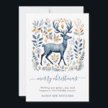 Rustic Nordic Reindeer jul Greenery Julkort<br><div class="desc">Rustic Nordic Scandi stil-julkort,  med dekorerade renar omgivna av blad i blått och rost nyans. God jul i skripttypografi. Lägg till din egen vers och namn. Finns i utskrift,  som en digital nedladdning,  eller både och!</div>