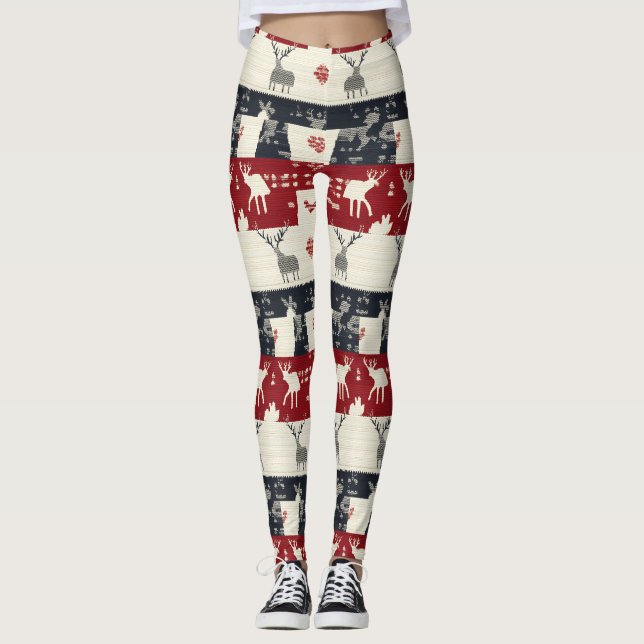 Rustic Nordic Reindeer & Snowflake | Sticka Mönste Leggings (Framsida)