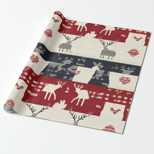 Rustic Nordic Reindeer & Snowflake | Sticka Mönste Presentpapper (Utrullad)