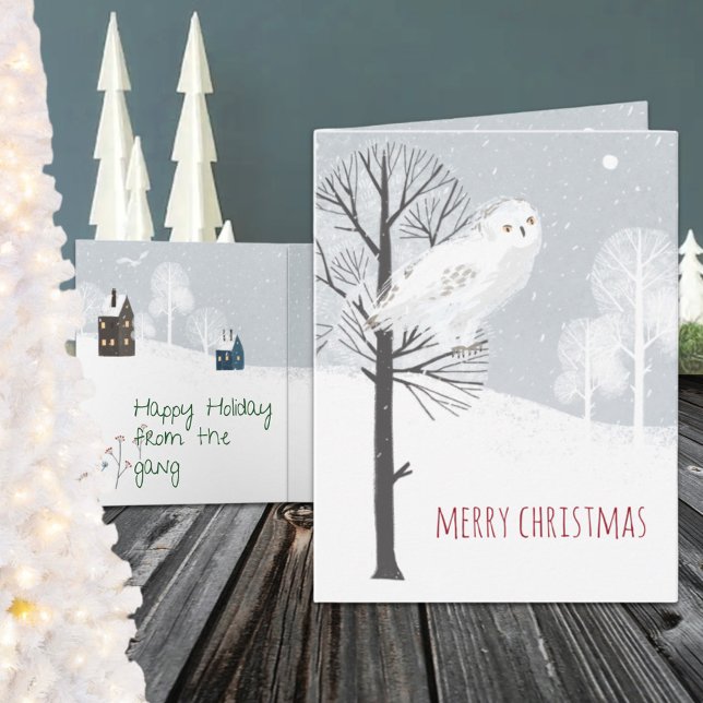 Rustic Nordic Underbar White Snowy Uggla Helgkort (Rustic Nordic Great White Snowy Owl Wraparound Graphics Folded Christmas Holiday Card)