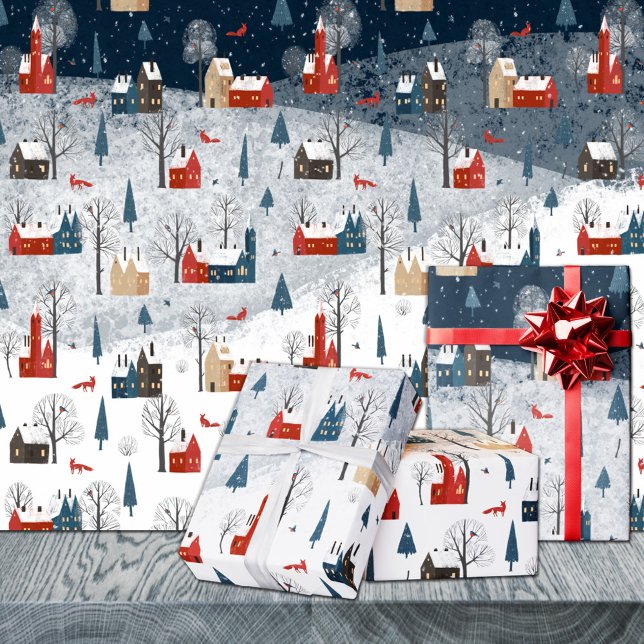 Rustic Nordic Winter Mountain Village Red Fox Presentpapper (Rustic Nordic Winter Mountain Village Red Fox Christmas Holiday Gift Wrapping Paper Rolls)