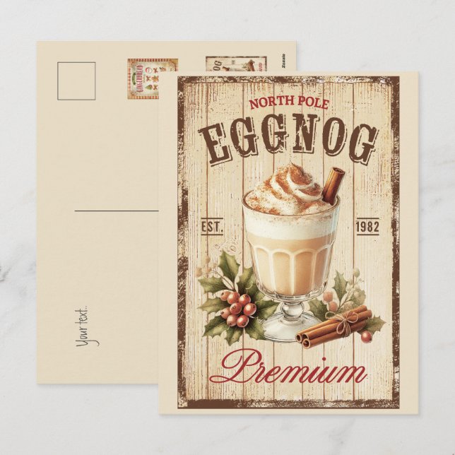 Rustic North Pole Eggnog Wood-bakgrund Helg Vykort (Fram/baksida)