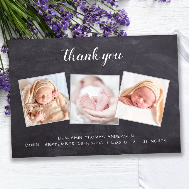 Rustic Nyfödd bebis Chalkboard 3 Photo Baby Shower Tack Kort (Skapare uppladdad)
