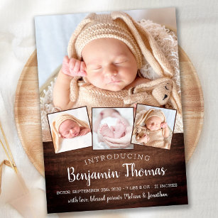Rustic Nyfödd bebis Personlig 4 Fotokollage Birth Meddelande