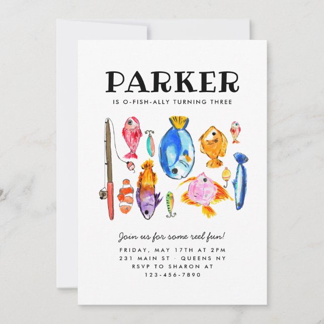 Rustic O-Fish-al Reel Roligt Fish Fishing Birthday Inbjudningar (Framsida)