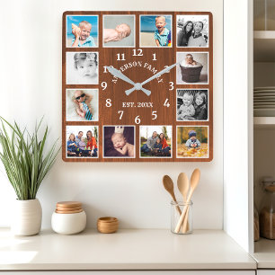 Rustic Oak Barn Wood Farmhouse 12 Photo Collage Fyrkantig Klocka