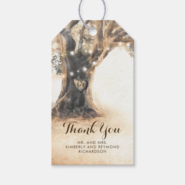 Rustic Oak Träd och Carved Heart Bröllop Presentetikett (Framsidan)