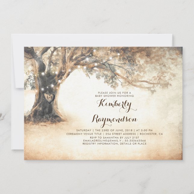 Rustic Oak Träd och String Ljus Baby Shower Inbjudningar (Framsida)