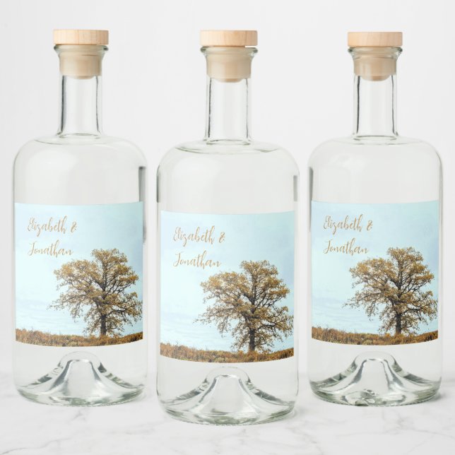 Rustic Oak Tree Autumn Wedding Spritflaskor Etikett (Flaskor)