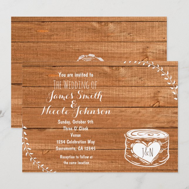 Rustic Oak Wood & Heart Stump Wedding bjudande Inbjudningar (Fram/baksida)