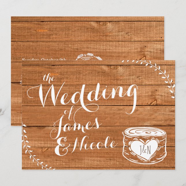 Rustic Oak Wood & Heart Stump Wedding bjudande Inbjudningar (Fram/baksida)