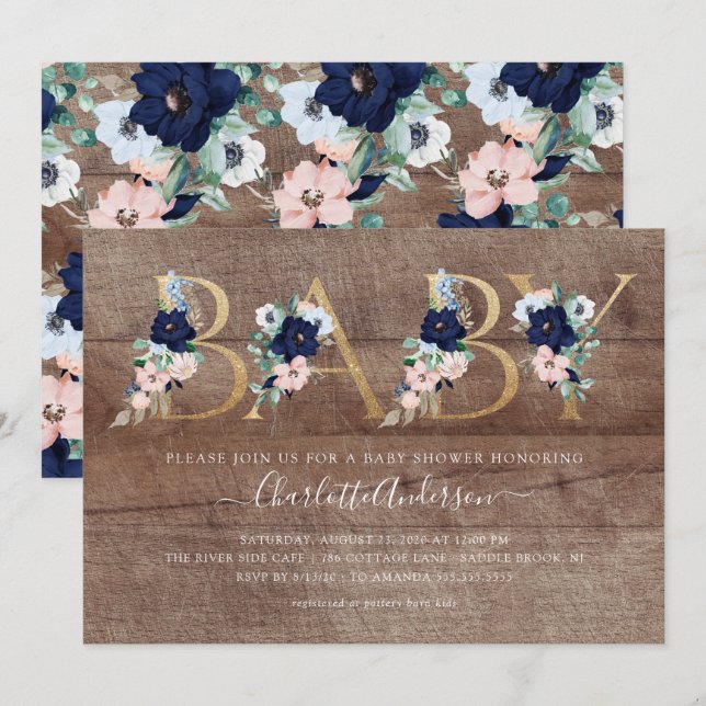 Rustic Oh Baby marin Blue  Blommigt Baby Shower Inbjudningar (Fram/baksida)
