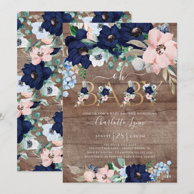 Rustic Oh Baby marin Blue  Blommigt Baby Shower Inbjudningar (Fram/baksida)
