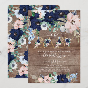 Rustic Oh Baby marin Blue Blommigt Baby Shower Inbjudningar