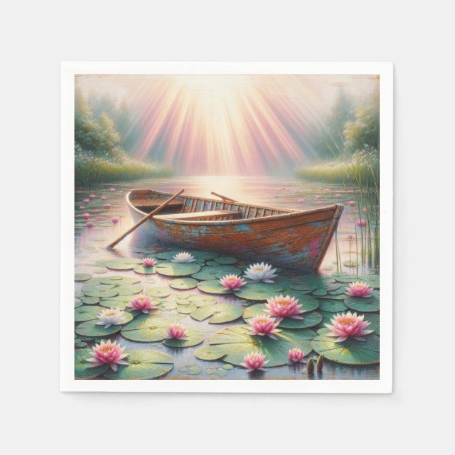 Rustic Old Rowboat i Vatten Lilies Pappersservett (Framsidan)