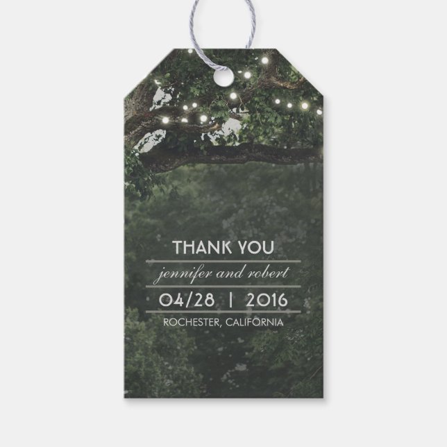 Rustic Old Träd String Ljus Bröllop Tack Presentetikett (Framsidan)