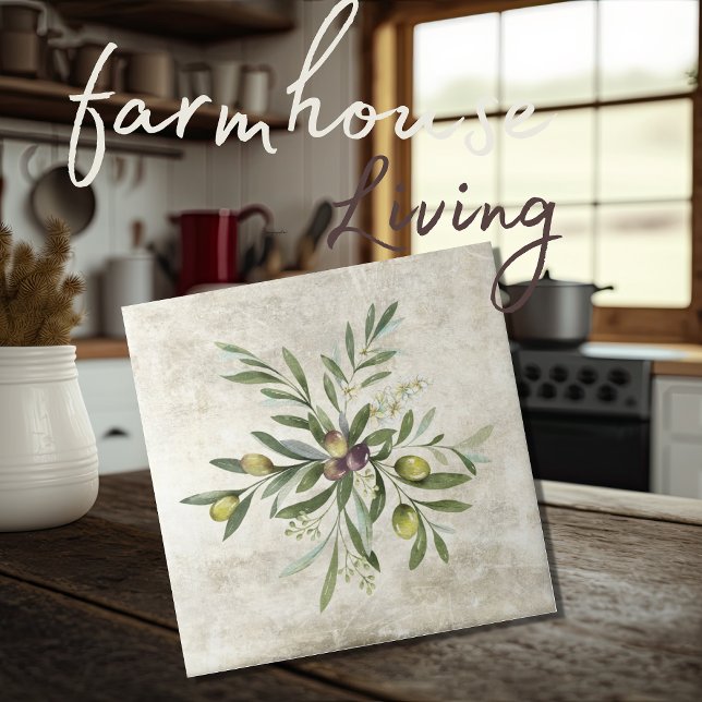 Rustic Olive & Grenar Blommigt Blommar Kakelplatta (Skapare uppladdad)