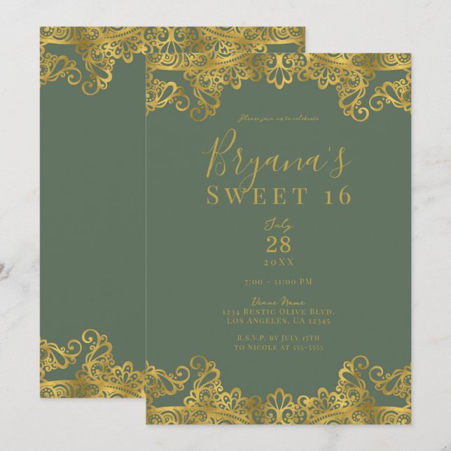 Rustic Olive & Guld Snöre Elegant Sweet 16 Party Inbjudningar (Fram/baksida)
