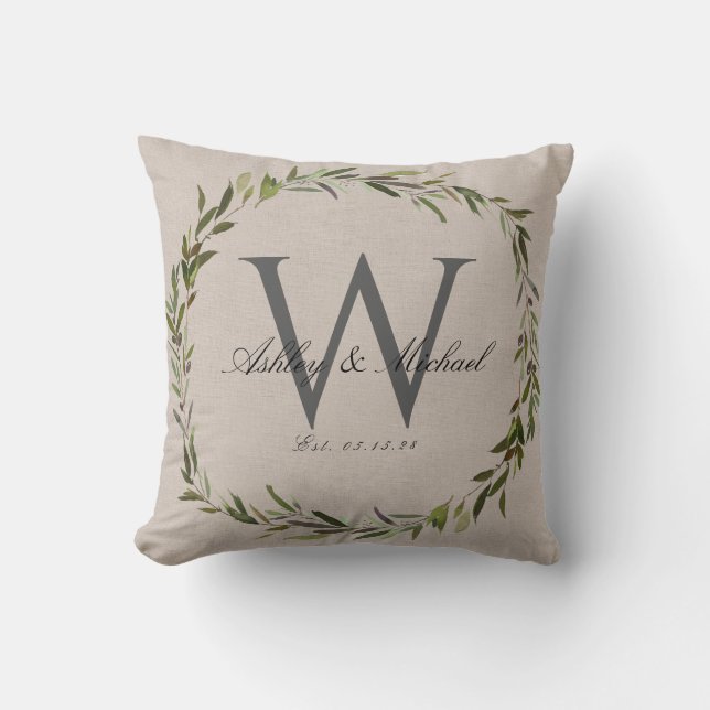 Rustic Olive Wandeans Monogram Bröllop Keepsak Kudde (Framsida)