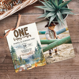 Rustic One Lycklig Camper Photo 1st Birthday Party Inbjudningar