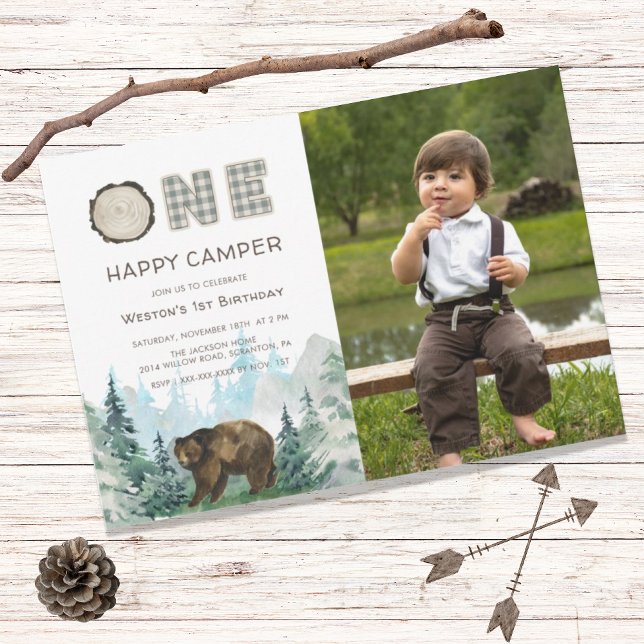 Rustic One Lycklig Camper Photo Birthday Inbjudningar (Skapare uppladdad)