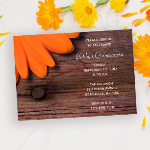 Rustic Orange Barn Wood Daisy Quinceanera Party Inbjudningar