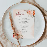 Rustic Orange Boho | Vattenfärg  Bröllop Meny<br><div class="desc">Dessa vackra och romantiska menyer i bröllop har trendig boho stil och elegant burgundisk kalligrafi. Rustiska bohemiska buketter av orange,  persikor,   och taupblommor och botaniska löv av neutralt dekorerar hörnen,  med matchande subtil vattenfärg stänk på mjuk  bakgrund.</div>