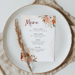 Rustic Orange Boho | Vattenfärgad vit Bröllop Meny<br><div class="desc">Dessa vackra och romantiska menyer i bröllop har trendig boho stil och elegant burgundisk kalligrafi. Rustiska bohemiska buketter av orange,  persikor,   och taupblommor och botaniska löv av neutralt dekorerar hörnen,  med matchande subtilt vattenfärg stänk på vit bakgrund med mjuk  vattenfärg stänk.</div>