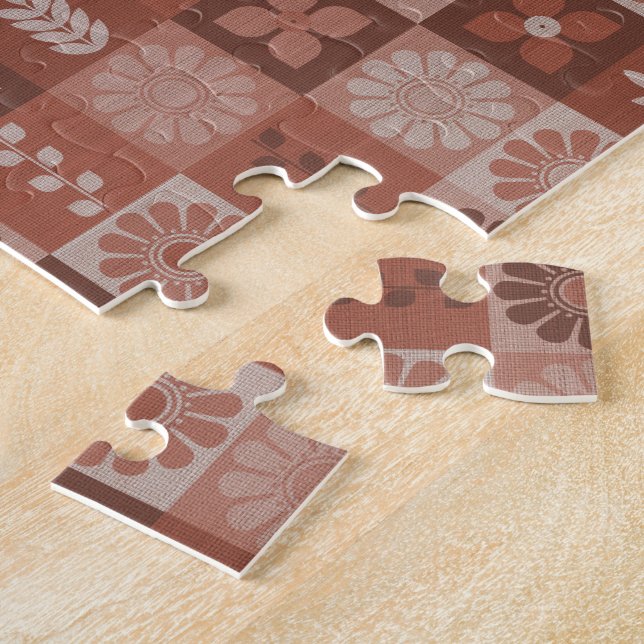 Rustic Orange Brown Burlap Flowers Löv Puzzle Pussel (Sidan)