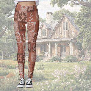 Rustic Orange Brown Burlap Linen Mönster Leggings
