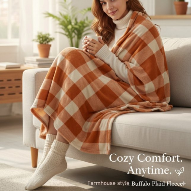 Rustic Orange & Cream Buffalo Play Farmhouse Fleecefilt (Skapare uppladdad)