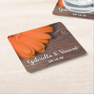 Rustic Orange Daisy Barn Wood Landsbyggsbröllop Underlägg Papper Kvadrat