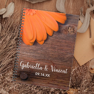 Rustic Orange Daisy Land Barn Wood Bröllop Anteckningsbok Med Spiral