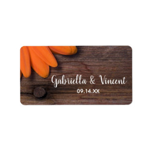 Rustic Orange Daisy och Barn Wood Landsbyggsbröllo Adressetikett