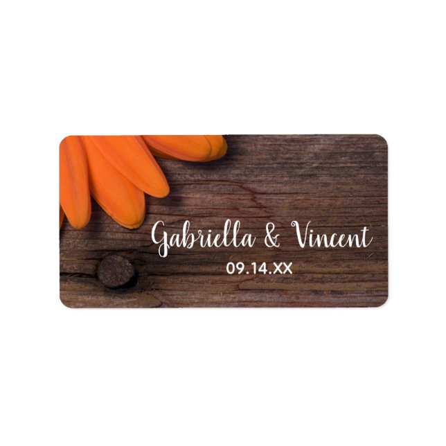 Rustic Orange Daisy och Barn Wood Landsbyggsbröllo Adressetikett (Framsidan)