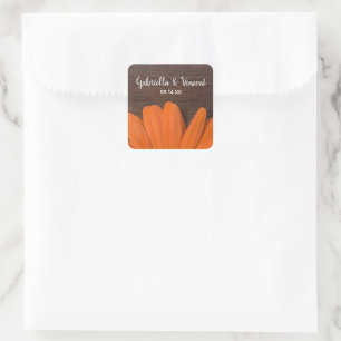 Rustic Orange Daisy och Barn Wood Landsbyggsbröllo Fyrkantigt Klistermärke