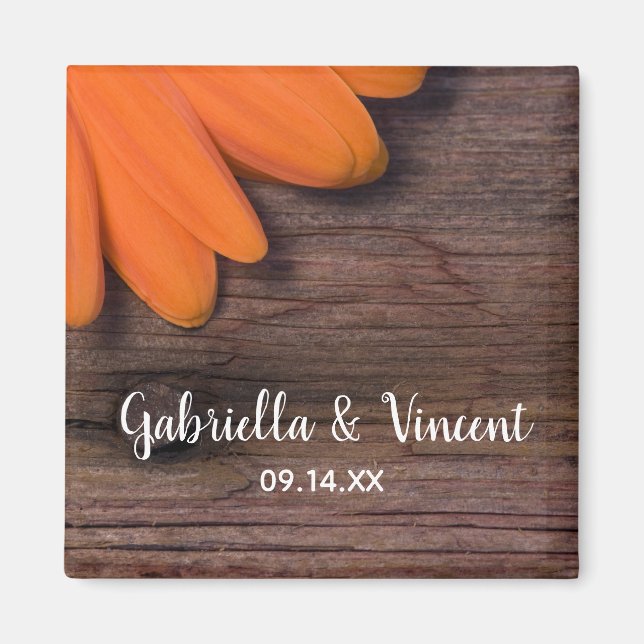 Rustic Orange Daisy och Barn Wood Landsbyggsbröllo Magnet (Framsidan)