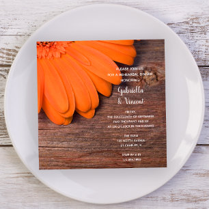 Rustic Orange Daisy och Barn Wood Rehearsal Middag Inbjudningar