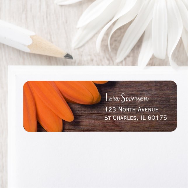 Rustic Orange Daisy och Barn Wood Returadress Returadress Etikett (Insitu)