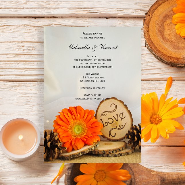 Rustic Orange Daisy Woodland Bröllop Inbjudningar (Set a natural tone for your woodsy marriage with the Orange Daisy Woodland Wedding Invitation.)