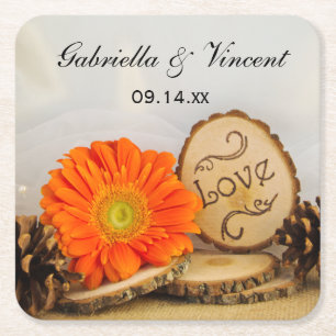 Rustic Orange Daisy Woodland Bröllop Underlägg Papper Kvadrat