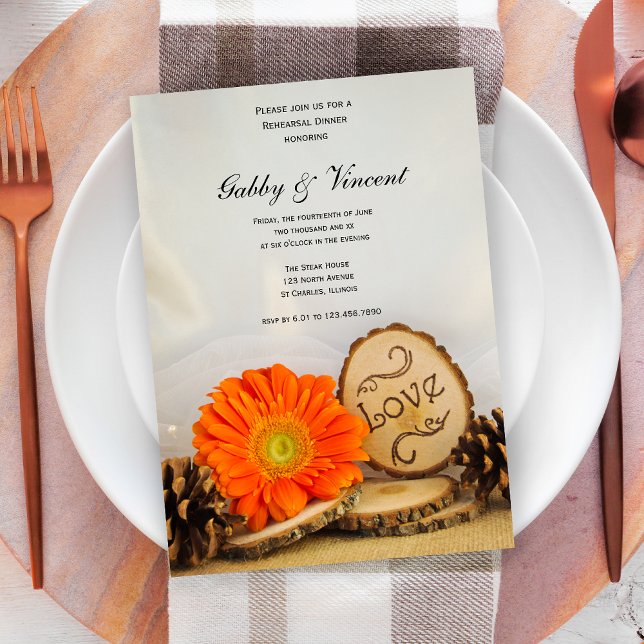 Rustic Orange Daisy Woodland Rehearsal Dinner Inbjudningar (Skapare uppladdad)