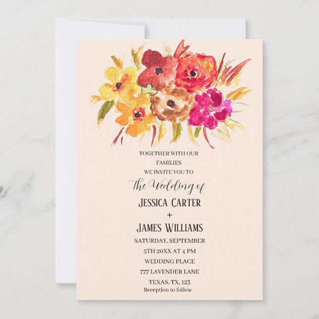 Rustic Orange Fall Boho Bohemian Blommigt Bröllop Inbjudningar (Framsida)